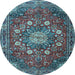 Round Machine Washable Medallion Light Blue Traditional Rug, wshtr4083lblu