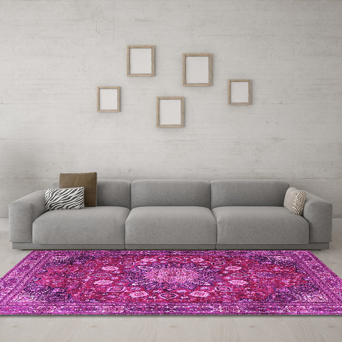 Machine Washable Medallion Pink Traditional Rug in a Living Room, wshtr4083pnk