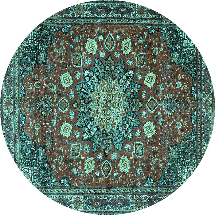 Round Machine Washable Medallion Turquoise Traditional Area Rugs, wshtr4083turq