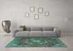 Machine Washable Medallion Turquoise Traditional Area Rugs in a Living Room,, wshtr4083turq
