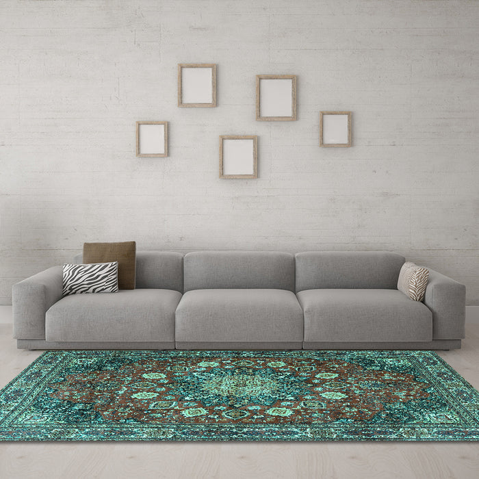 Machine Washable Medallion Turquoise Traditional Area Rugs in a Living Room,, wshtr4083turq