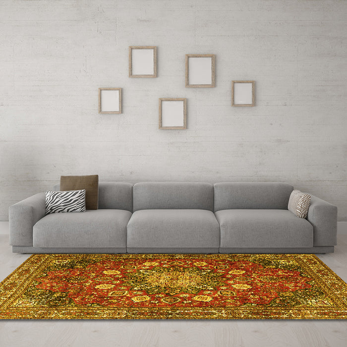Machine Washable Medallion Yellow Traditional Rug in a Living Room, wshtr4083yw