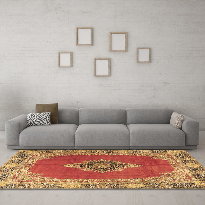 Machine Washable Medallion Brown Traditional Rug in a Living Room,, wshtr4084brn