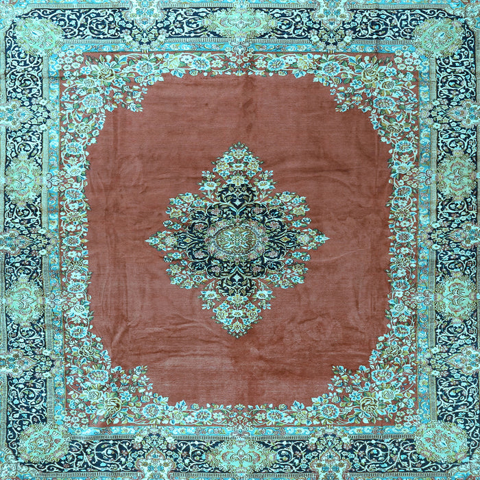 Square Machine Washable Medallion Light Blue Traditional Rug, wshtr4084lblu