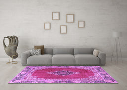 Machine Washable Medallion Purple Traditional Area Rugs in a Living Room, wshtr4084pur