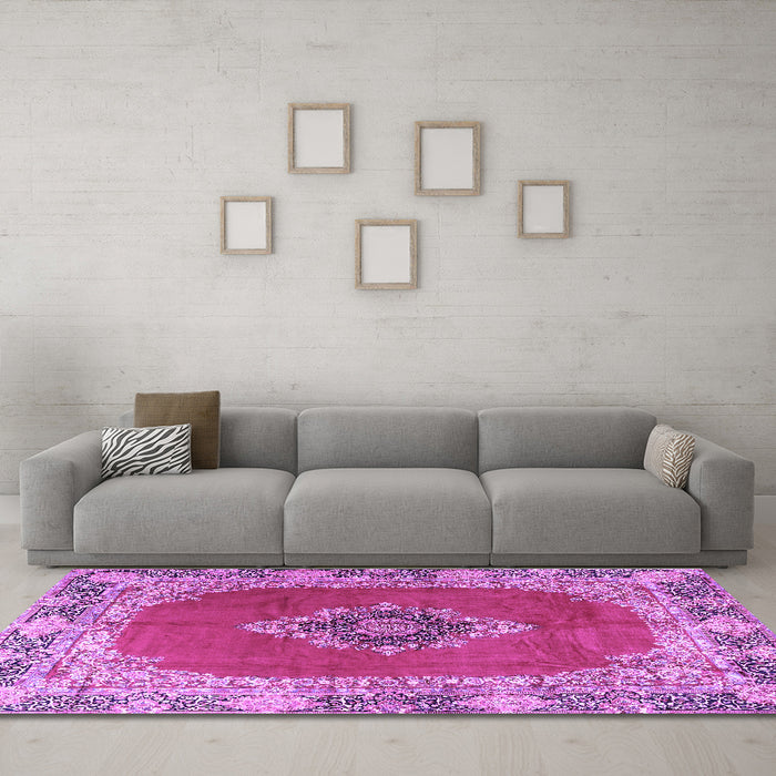 Machine Washable Medallion Purple Traditional Area Rugs in a Living Room, wshtr4084pur