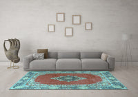 Machine Washable Medallion Light Blue Traditional Rug, wshtr4084lblu