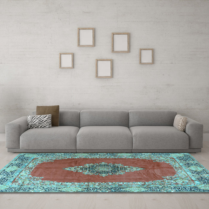 Machine Washable Medallion Light Blue Traditional Rug in a Living Room, wshtr4084lblu
