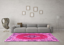 Machine Washable Medallion Pink Traditional Rug in a Living Room, wshtr4084pnk