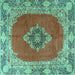 Square Machine Washable Medallion Turquoise Traditional Area Rugs, wshtr4084turq