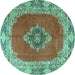 Round Machine Washable Medallion Turquoise Traditional Area Rugs, wshtr4084turq