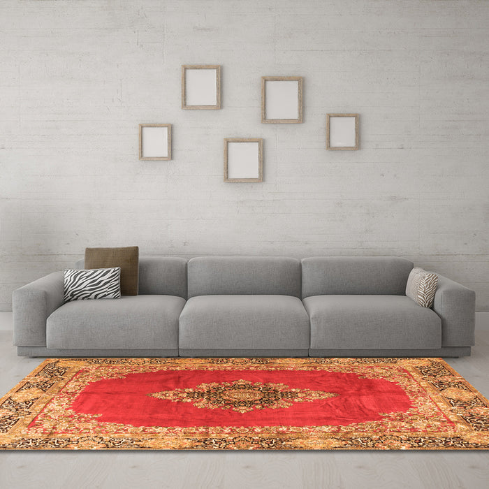 Machine Washable Medallion Orange Traditional Area Rugs in a Living Room, wshtr4084org