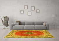 Machine Washable Medallion Yellow Traditional Rug, wshtr4084yw