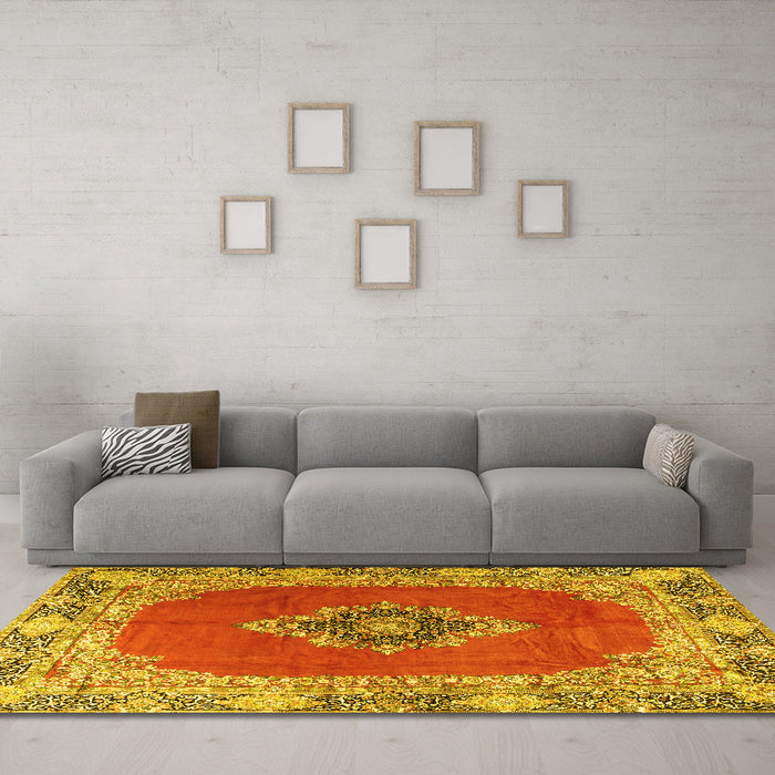 Machine Washable Medallion Yellow Traditional Rug in a Living Room, wshtr4084yw