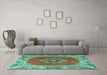 Machine Washable Medallion Turquoise Traditional Area Rugs in a Living Room,, wshtr4084turq