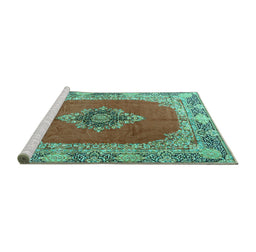 Sideview of Machine Washable Medallion Turquoise Traditional Area Rugs, wshtr4084turq