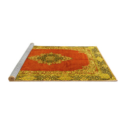 Sideview of Machine Washable Medallion Yellow Traditional Rug, wshtr4084yw