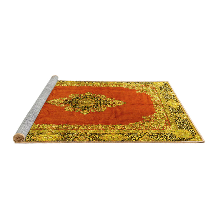 Sideview of Machine Washable Medallion Yellow Traditional Rug, wshtr4084yw