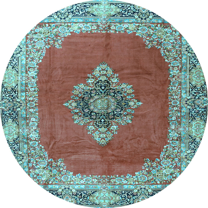 Round Machine Washable Medallion Light Blue Traditional Rug, wshtr4084lblu