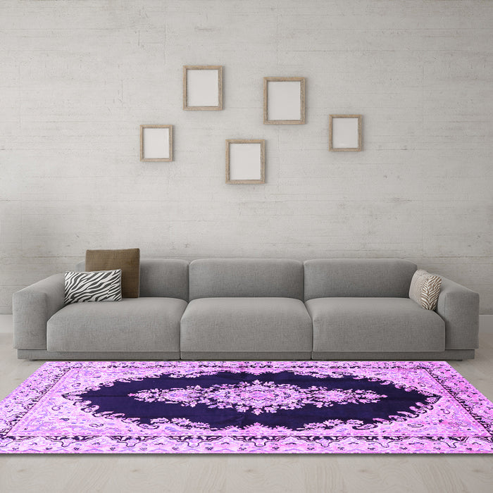 Machine Washable Medallion Purple Traditional Area Rugs in a Living Room, wshtr4085pur