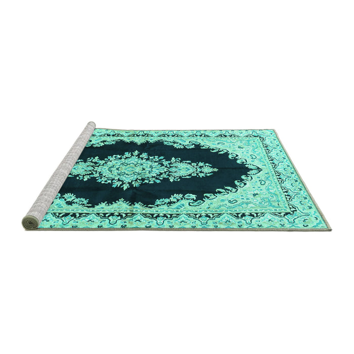 Sideview of Machine Washable Medallion Turquoise Traditional Area Rugs, wshtr4085turq