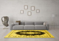 Machine Washable Medallion Yellow Traditional Rug, wshtr4085yw