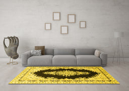 Machine Washable Medallion Yellow Traditional Rug in a Living Room, wshtr4085yw