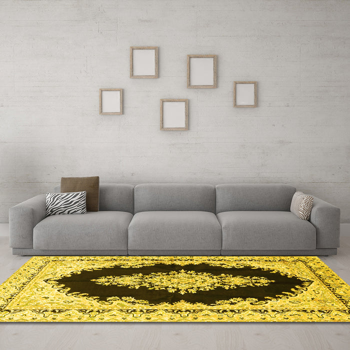Machine Washable Medallion Yellow Traditional Rug in a Living Room, wshtr4085yw