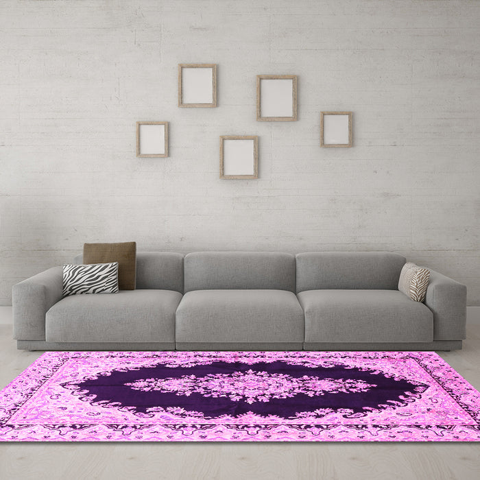 Machine Washable Medallion Pink Traditional Rug in a Living Room, wshtr4085pnk