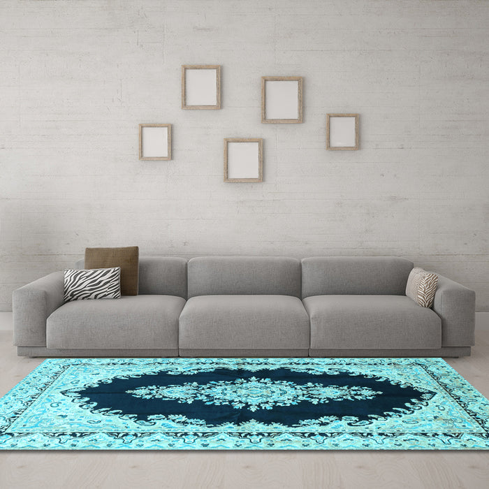 Machine Washable Medallion Light Blue Traditional Rug in a Living Room, wshtr4085lblu