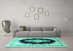 Machine Washable Medallion Turquoise Traditional Area Rugs in a Living Room,, wshtr4085turq