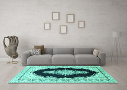 Machine Washable Medallion Turquoise Traditional Area Rugs in a Living Room,, wshtr4085turq