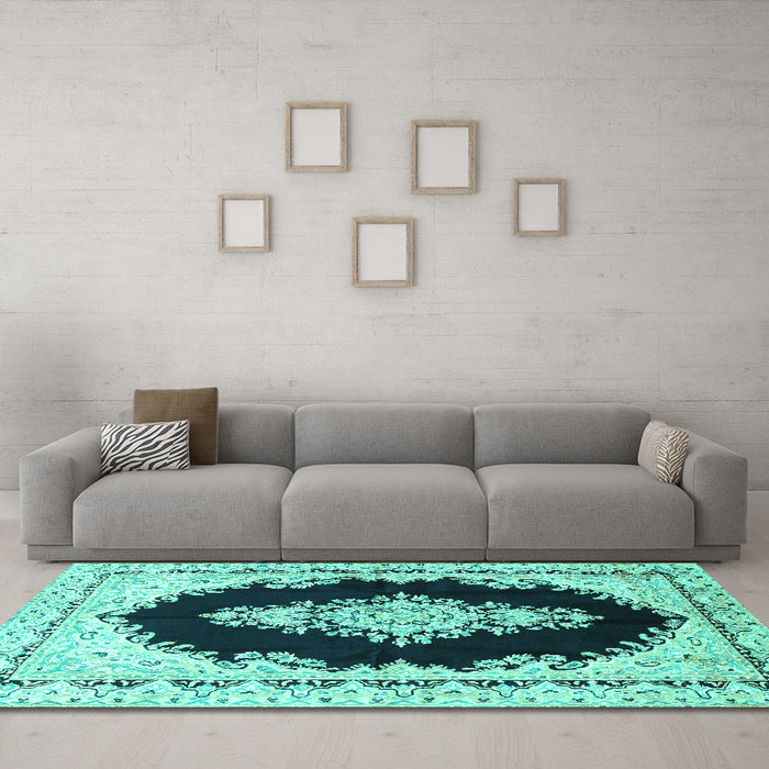Machine Washable Medallion Turquoise Traditional Area Rugs in a Living Room,, wshtr4085turq