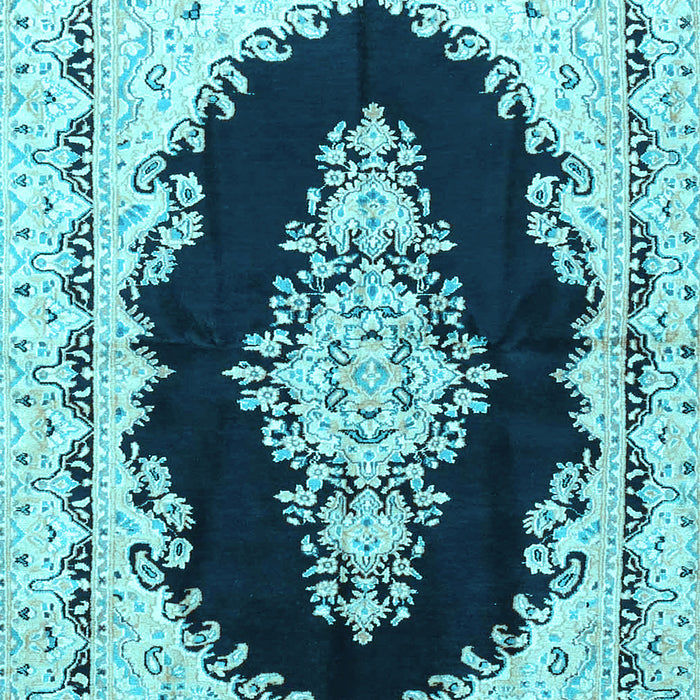 Machine Washable Medallion Light Blue Traditional Rug, wshtr4085lblu