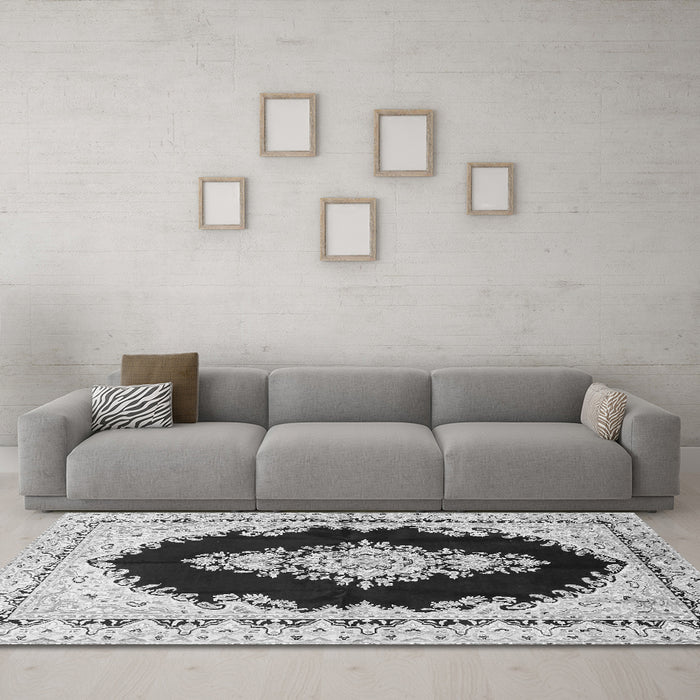Machine Washable Medallion Gray Traditional Rug in a Living Room,, wshtr4085gry