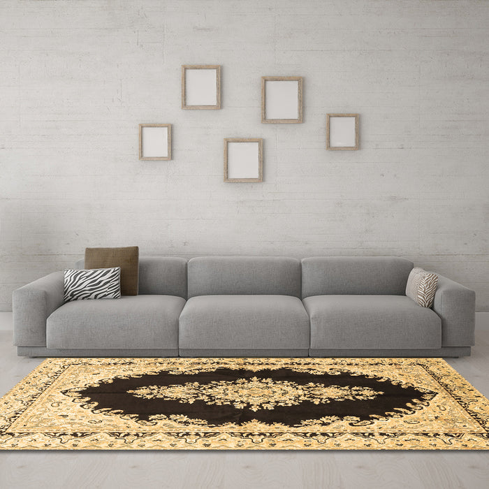 Machine Washable Medallion Brown Traditional Rug in a Living Room,, wshtr4085brn