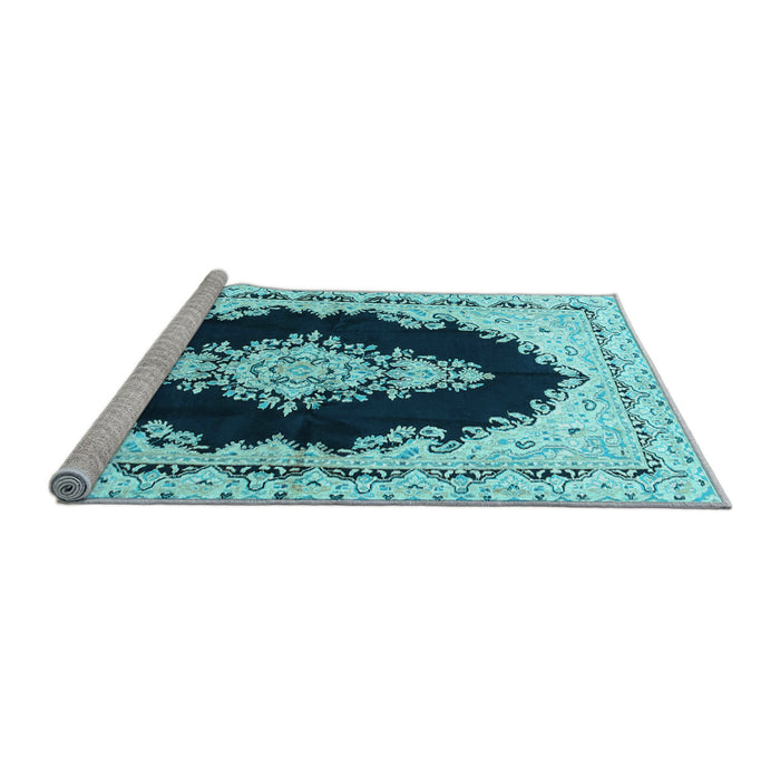 Sideview of Machine Washable Medallion Light Blue Traditional Rug, wshtr4085lblu
