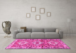 Machine Washable Persian Pink Traditional Rug in a Living Room, wshtr4089pnk
