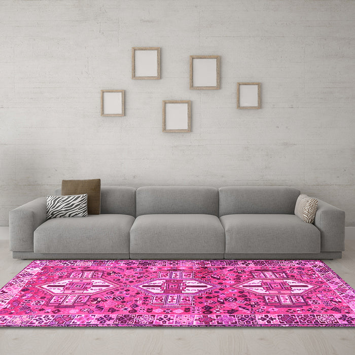 Machine Washable Persian Pink Traditional Rug in a Living Room, wshtr4089pnk