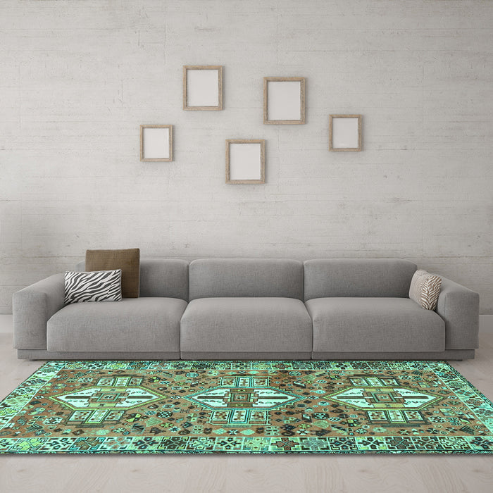 Machine Washable Persian Turquoise Traditional Area Rugs in a Living Room,, wshtr4089turq