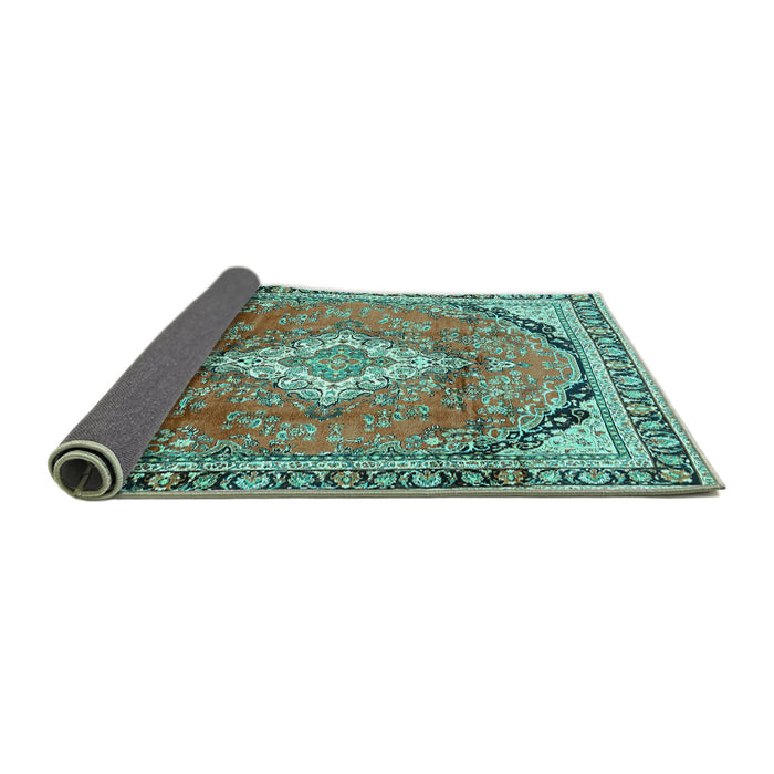 Sideview of Medallion Turquoise Traditional Rug, tr408turq