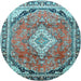 Round Machine Washable Medallion Light Blue Traditional Rug, wshtr408lblu