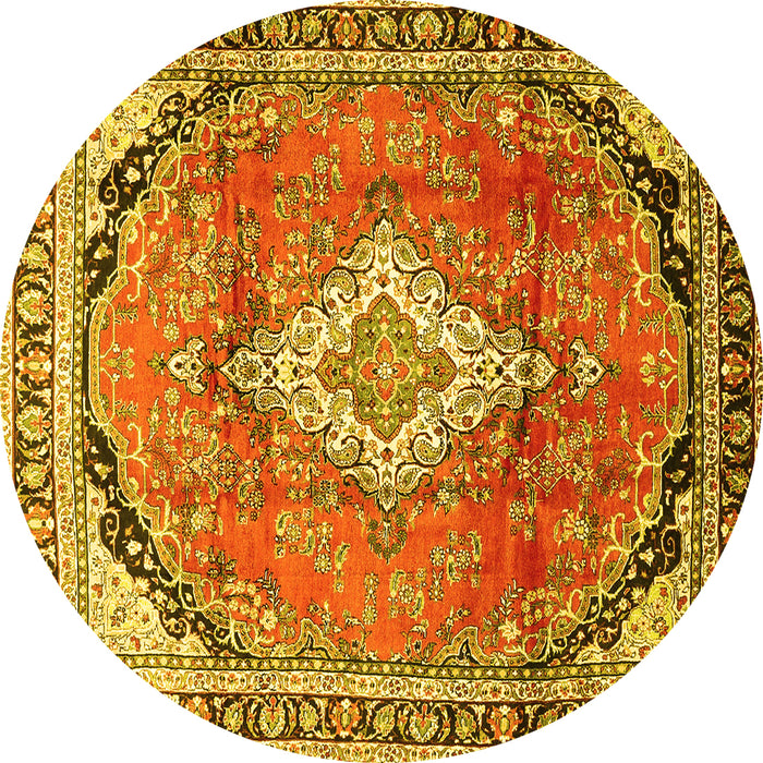 Round Machine Washable Medallion Yellow Traditional Rug, wshtr408yw