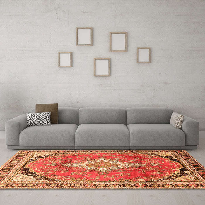 Machine Washable Medallion Orange Traditional Area Rugs in a Living Room, wshtr408org
