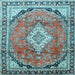 Square Machine Washable Medallion Light Blue Traditional Rug, wshtr408lblu