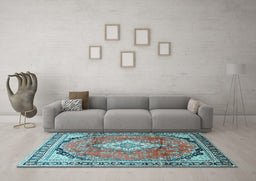 Machine Washable Medallion Light Blue Traditional Rug in a Living Room, wshtr408lblu