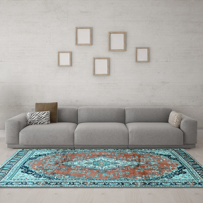 Machine Washable Medallion Light Blue Traditional Rug in a Living Room, wshtr408lblu