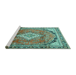 Sideview of Machine Washable Medallion Turquoise Traditional Area Rugs, wshtr408turq