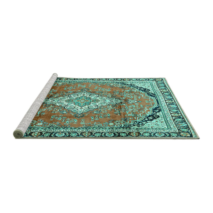 Sideview of Machine Washable Medallion Turquoise Traditional Area Rugs, wshtr408turq