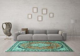 Machine Washable Medallion Turquoise Traditional Area Rugs in a Living Room,, wshtr408turq
